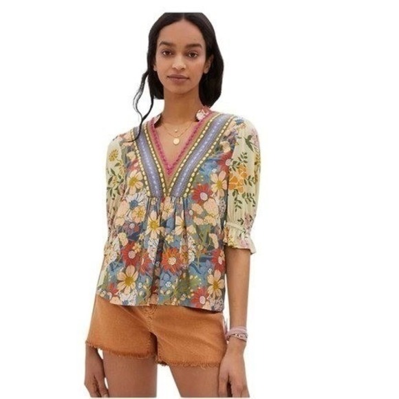 Anthropologie Tops - Bl^nk London Anthropologie Stephanie Top XS Floral V-Neck Embroidered Boho Blue